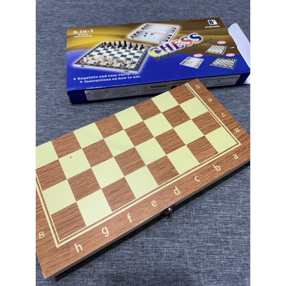 3-in-1 Wooden Folding Board Game Set Chess Checkers Backgammon Travel Size